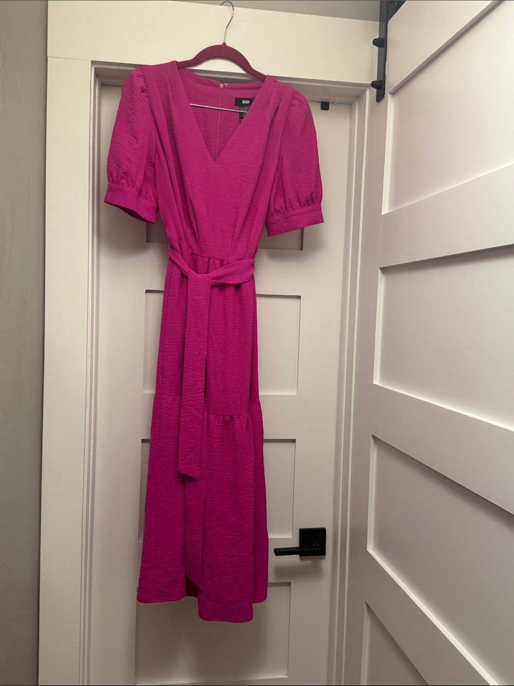 DKNY Magenta V-Neck Belted Midi Dress